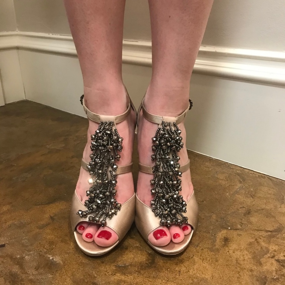 BCBG Champagne Colored Heels with Pewter Beading